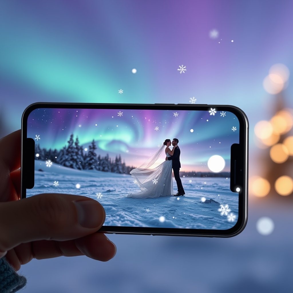 Зимние свадебные приглашения с AR-эффектами: снег и северное сияние в дополненной реальности